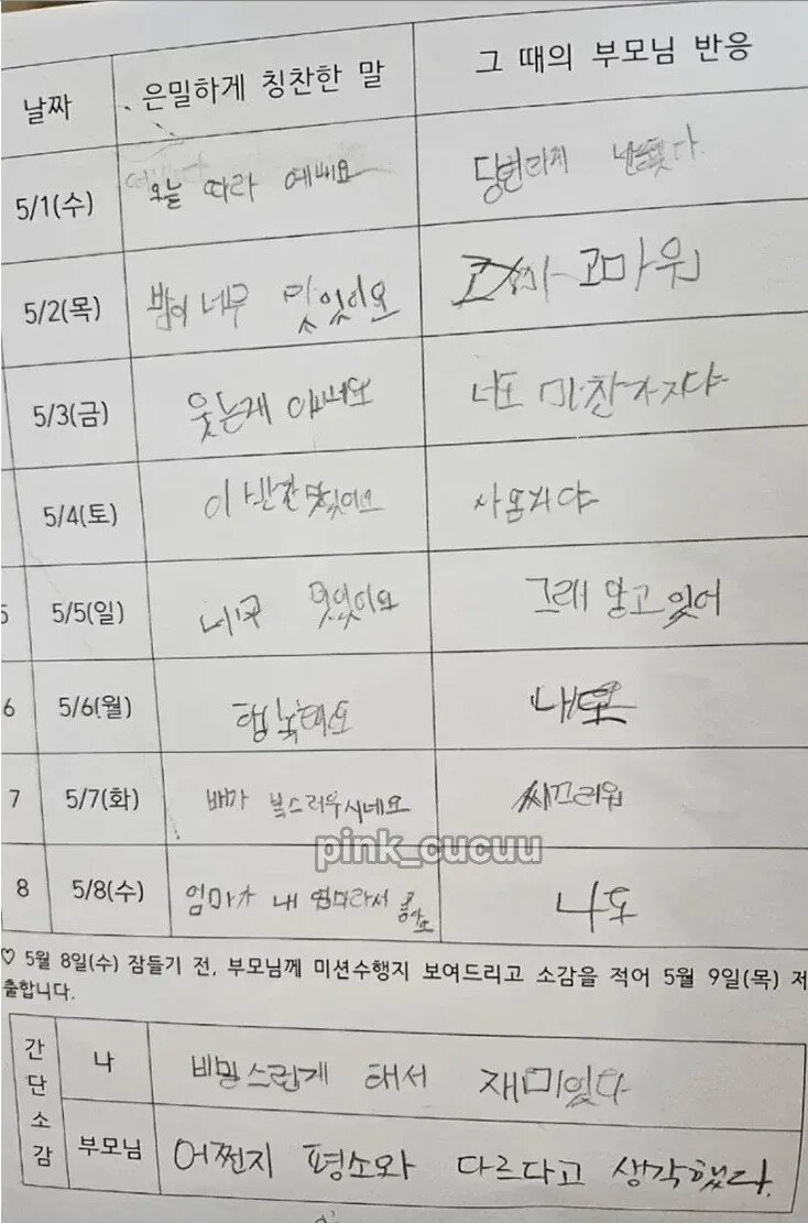 학교에서 내준 어버이 날 숙제