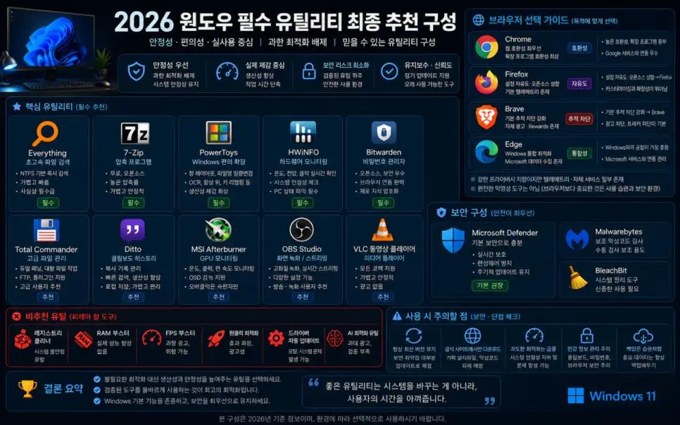 한눈에 쉽게 보는 2026 윈도우 필수 유틸리티 최종 구성
